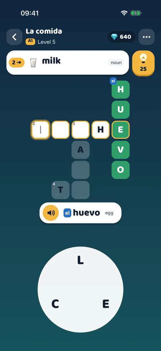 A solved word shown as “el huevo · egg”, with a blue “el” article and a speaker button.